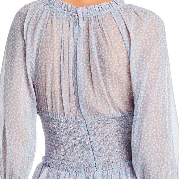 NEW French Connection Sheer Smocked Waist Tiered-Skirt Blue Dress - Picture 3 of 16